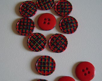 Red and green Plaid fancy - 4 holes - diameter 15 mm button