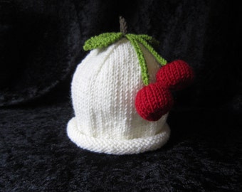 Hand Knitted Cashmere and Wool Cherry Fruit Baby Hat 12-24 months