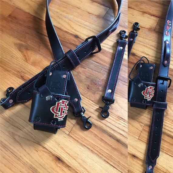 Leather Firefighter Radio Strap & Holder Bundle - For Motorola APX 6000/8000, Includes Holster, Strap, Cord Keepers