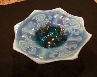Blue/Turquoise Opalescent Vaseline Glass Footed Candy Dish