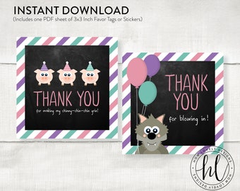 Three Little Pigs Birthday Favor Tags or Stickers | Pig Birthday Favor Tag | Three Little Pigs Birthday | Pig Party Thank You Favors
