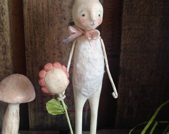Easter, Bunny, White, Flower, Spring, Folk Art, Paperclay