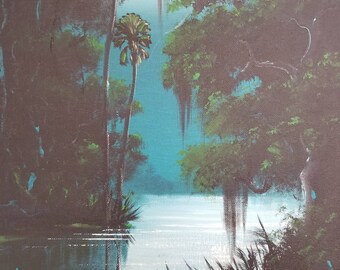Original Painting Florida Landscape Art Tropical Painting Palm Tree painting Impressionism Small Moonlight River Palms