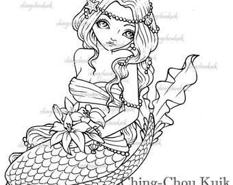 Lilies Commitment - Digital Digi Stamp Instant Download / Mermaid Bride Fantasy Art by Ching-Chou Kuik