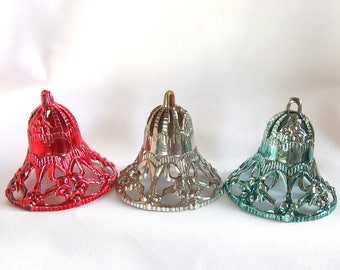 3 Filigree Bell Ornaments, Vintage Red, Silver and Blue Plastic Bell Christmas Ornaments