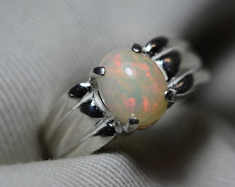 Opal Ring, 1.31 Carat Solid Opal Cabochon Solitaire Ring Appraised at 400.00, Real Opal Jewellery, Sterling Silver, October Birthstone