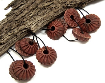 Handmade Ceramic Stoneware Anemone Beads Fluted Face with Flat Textured Back, Large Center Hole, Terra Sigillata Finish, Jewelry Components