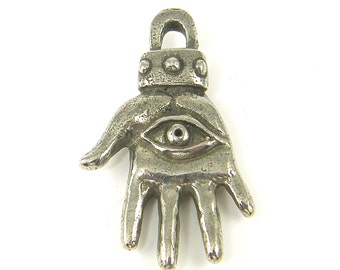 Silver Hamsa Pendant, Pewter Hand of Fatima Pendant, Hand Charm Eye Charm Green Girl Studio Jewelry Supply |S23-3|1