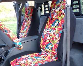 1 Set of Orange Wonder Woman Print Seat Covers and Steering Wheel Cover Custom Made.