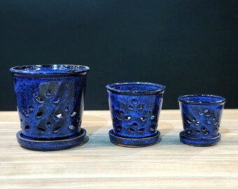 Waikiki 2018 Edition (LARGE 7.0") Handmade Ceramic Orchid Pot With Attached Saucer, Glazed Pottery, Glazed Pottery, Orchid Planter