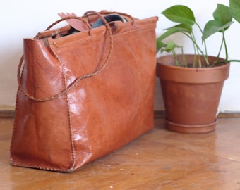 70s Leather Purse Vintage Tooled tote handbag Boho Casual Party leather Box style bag Shoulder bag