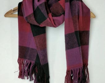 Purple Pink Black Plaid Flannel Blanket Scarf with Fringe