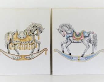 Vintage Rocking Horse Cross Stitch Completed Art Teresa Wentzler Set of 2 " Trotter" and " Dancer"