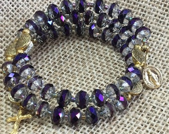 Purple and Gold Wrap Rosary bracelet on memory wire