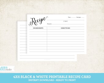 Black & White 4x6 Printable Recipe Card