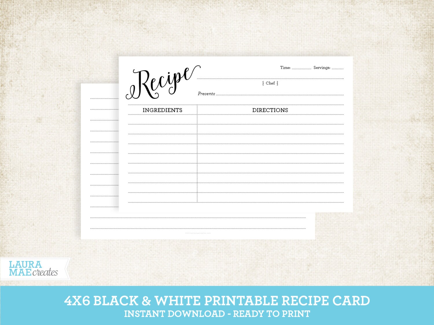 Black &amp; White 4x6 Printable Recipe Card