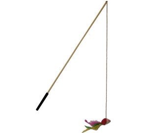 Black Wooden Cat Fishing Rod Play Toy - Play, Fun, String + Feathered Mouse