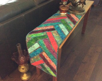 Quilted Batik Table Runner, Rich Dramatic Decor, Tabletop Rug, Stained Glass Look
