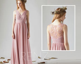 Bridesmaid Dress Dusty Rose Chiffon Dress Wedding Dress,V Neck Maxi Dress,Lace Illusion Back Party Dress,Sleeveless Long Evening Dress(T183)
