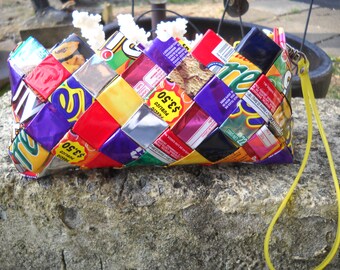 FUN-FUN-FUN! Precious Eco Friendly Clutch Purse Made With Recycled Candy/Gum Wrappers With Hand Strap And Zippered Closure.