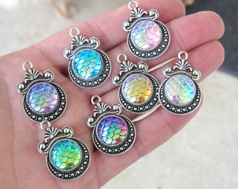 Mermaid silver charms, Mermaid scale, Holographic pendants, silver charm, silver mermaid, dragon skin pendant, snake skin charm, US seller