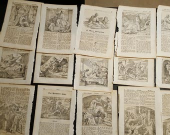 Fifteen (15) sheets of vintage torned bible pages with woodcut pictures