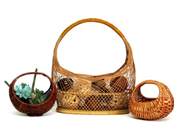 Vintage Wicker Crescent Handle Basket Instant Collection, Easter Baskets, Boho Decorator Baskets
