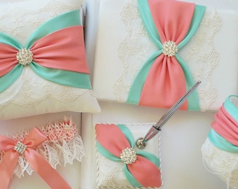 Coral and Mint Wedding Guest Book and Pen Stand ONLY
