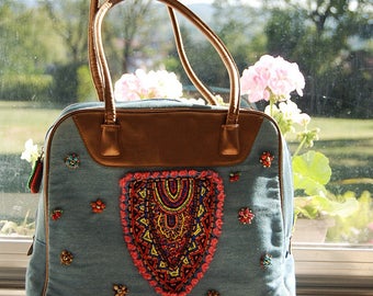 Bead embroidered denim shoulder bag