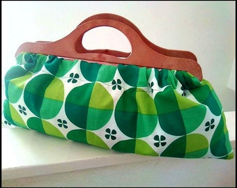 Handmade 60s style handbag with wood handles.