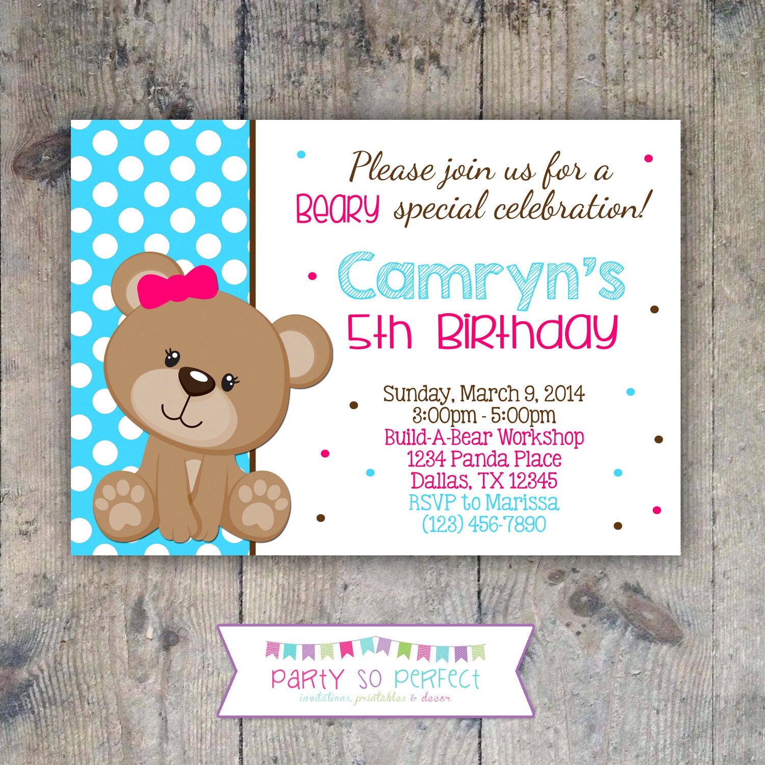 BEAR Birthday Party 5x7 Invitation Girl PRINTABLE