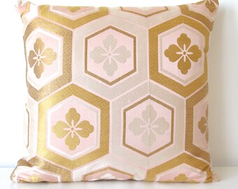 SALE! Large Decorative Pillow Cushion in Metallic Pink, Silver & Gold Geometric Hexagon Design made from rare Japanese Obi Silk LTD EDITION