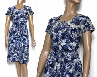 Vintage 1940s Dress// Blue// White// Silk// Watercolor//House Dress // 40s Dress//