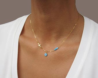 Gold Evil Eye Necklace, 14K Gold Necklace, Eye Jewelry, Gold Cross Necklace Woman, Dainty Evil Eye Necklace Gold, Cross Necklace Evil Eye