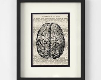 Brain over Vintage Medical Book Page - Gift for Psychologist, Psychology, Human Brain, Anatomical Brain, Brain Print, TBI, Stroke
