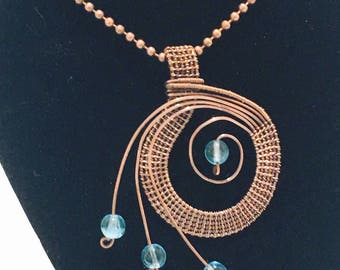 Copper Pendant necklace blue Czech Druk glass beads