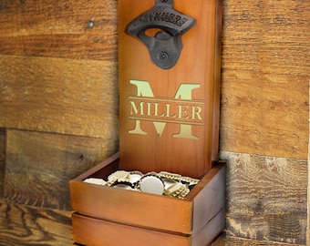 Personalized Wall Mount Bottle Opener with Catcher, Custom Wall Mount Beer Opener, Groomsmen Wall Bottle Opener, Beer Gifts for Men