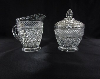 Vintage Glass Creamer and Sugar Bowl Anchor Hocking Wexford - 3 piece Set Milk Pitcher Tea Coffee Tableware Cream Pitcher Lidded Sugar Bowl