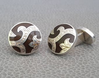 Sterling Cuff Links Brown Enamel Birmingham, UK Signed