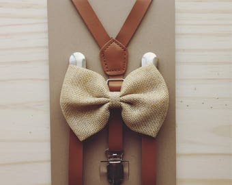 Brown Burlap Bow tie Suspender Kids Brown Suspenders Tan Suspender Bow Tie Rustic Wedding Suspenders Little Boys Leather Suspenders