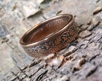 Copper Coin Ring - India One Quarter Anna Coin Ring 1930 - Leaf Pattern - Size: 9 - A Remark You Made