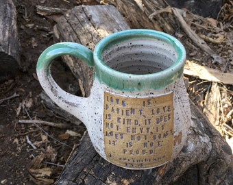 Pottery Mug- 1 Corinthians 13:4- Wheat- Handmade Pottery by Daisy Friesen