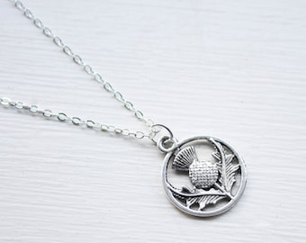 Scottish Thistle Necklace- Tiny Thistle Charm - Outlander Necklace - Double Sided Silver