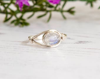 Sterling Silver Moonstone Ring - Tiny Silver Ring - Little Silver Ring - Handmade - Rainbow Moonstone Stacking Ring