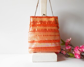 Orange Evening Bag,Beaded Evening Bag, Pale Orange Bag, Beaded Clutch Bag, Orange Clutch Bag, Vintage Orange Bag EB-0524
