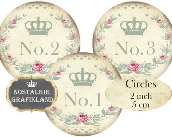 Shabby Chic Numbers Circles 2 inch Instant Download digital collage sheet C109