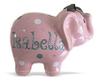 Personalized Large Elephant Piggy Bank Pink White & Gray Polka Dots - Newborns, Birthday Girls, Flower Girl, Baby Shower Gift Centerpieces