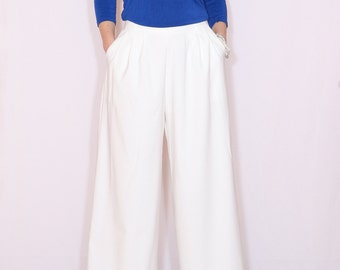White pants with pockets High waist Wide leg pants Women trousers Formal pants