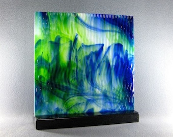 Art Glass Sculpture Abstract Dimensional Watercolor Blues and Greens Blended Together Artist Signed