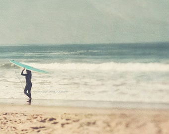 surfer photograph, girl surfer photo, beach photography, green blue, tan beige, girls room decor, surfboard, California, ocean waves, print